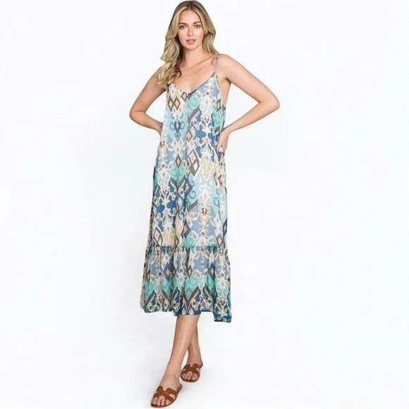 NWT Sleeveless Boho Ruffle Printed Woven Blue Green Cami Maxi Dress - Picture 3 of 12